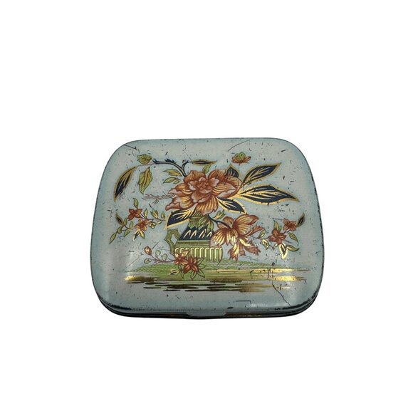 Vintage Metal Hinged Trinket Box With Handpainted Floral Design & Gold Accents - Picture 1 of 3